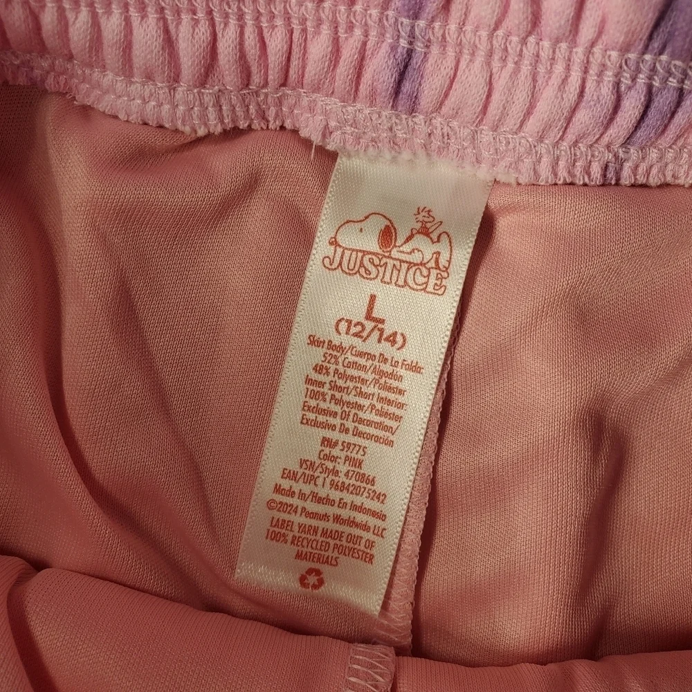 NWT Justice Girls Pink Purple Tie-Dye Snoopy Fleece Skirt Skort Size Large 12/14